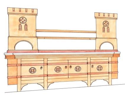 William Burges Gothic Revival painted castellated washstand vanity unit for Lady Bute's bedroom at Castell Coch furniture
