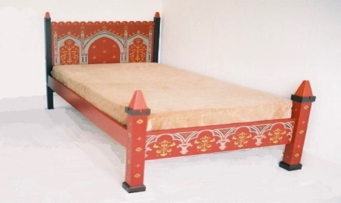 new Reformed Gothic Revival Wm Burges painted stencilled gilded double bed