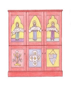 Wm Burges painted stencilled gilded Reformed Gothic Revival wardrobe cabinet furniture
