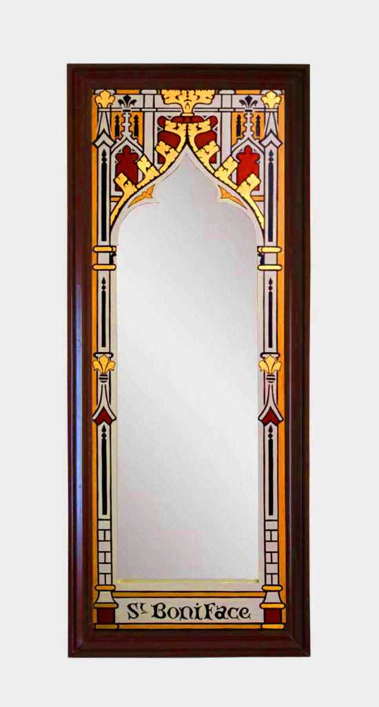 William Burges Gothic Revival style gilded stencilled and painted mirror frame