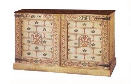 William Burges Reformed Gothic Revival style 'Flax & Wool' cabinet painted sideboard cupboards