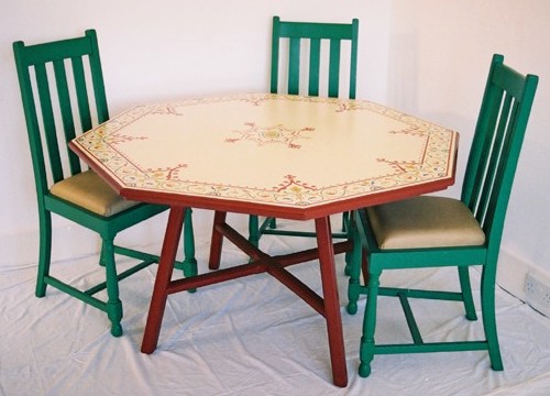 William Burges style Gothic Painted stencilled gothic dining library table